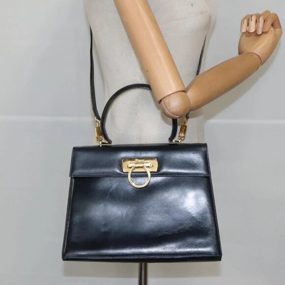 Salvatore Ferragamo Gancini Hand Bag Leather 2way Navy Gold - Picture 14 of 16